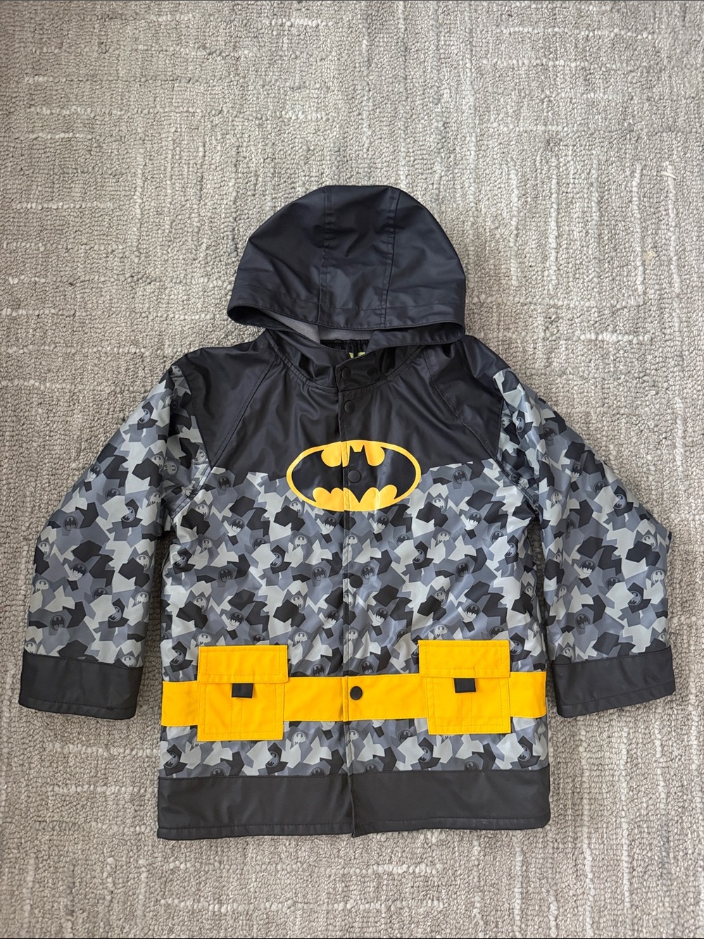 Western Chief Black & Gray Camouflage Batman Raincoat with Yellow Accents